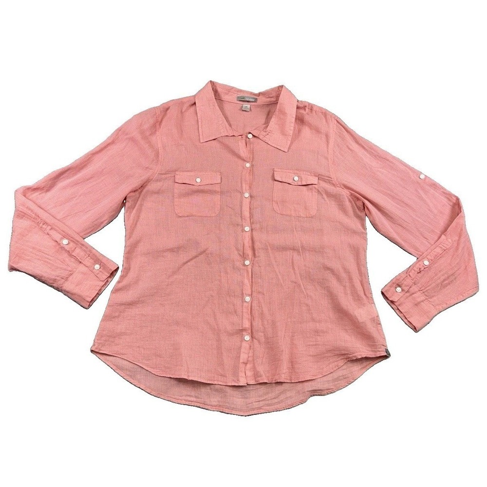 Horny Toad Organic Cotton Button Down Sheer Pink Roll Tab Shirt XL Sustainable